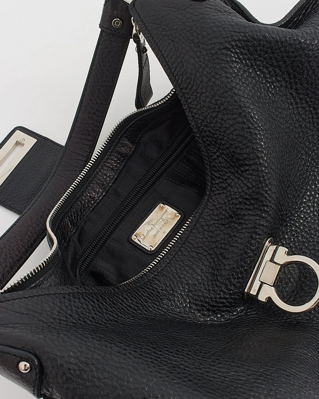 Ferragamo Black Calfskin Gancini Hobo Shoulder Bag
