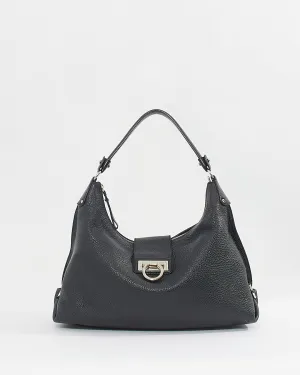 Ferragamo Black Calfskin Gancini Hobo Shoulder Bag