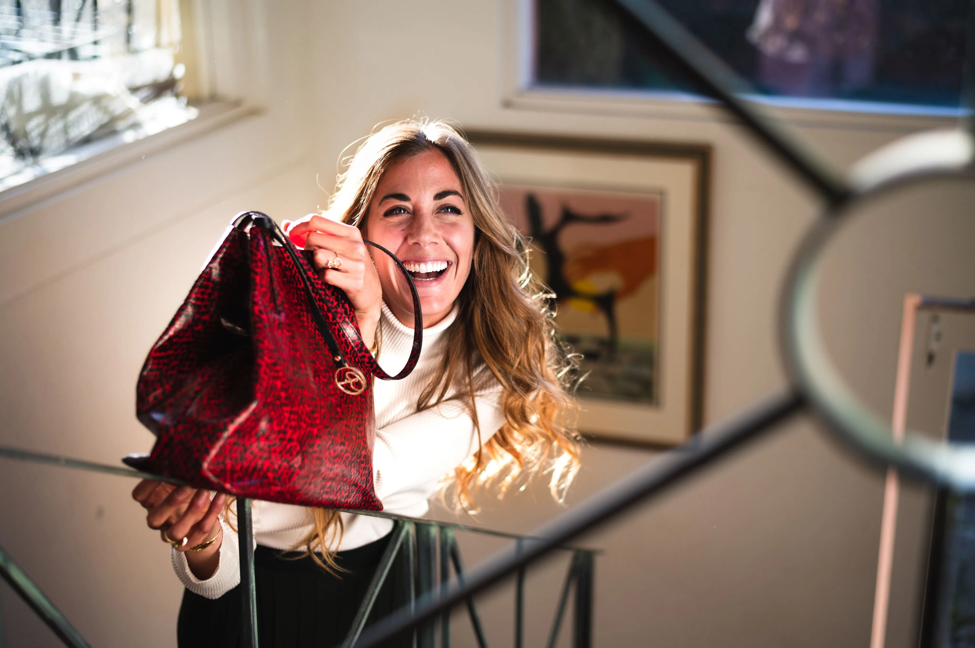 Frida tote leather bag spotted red and black