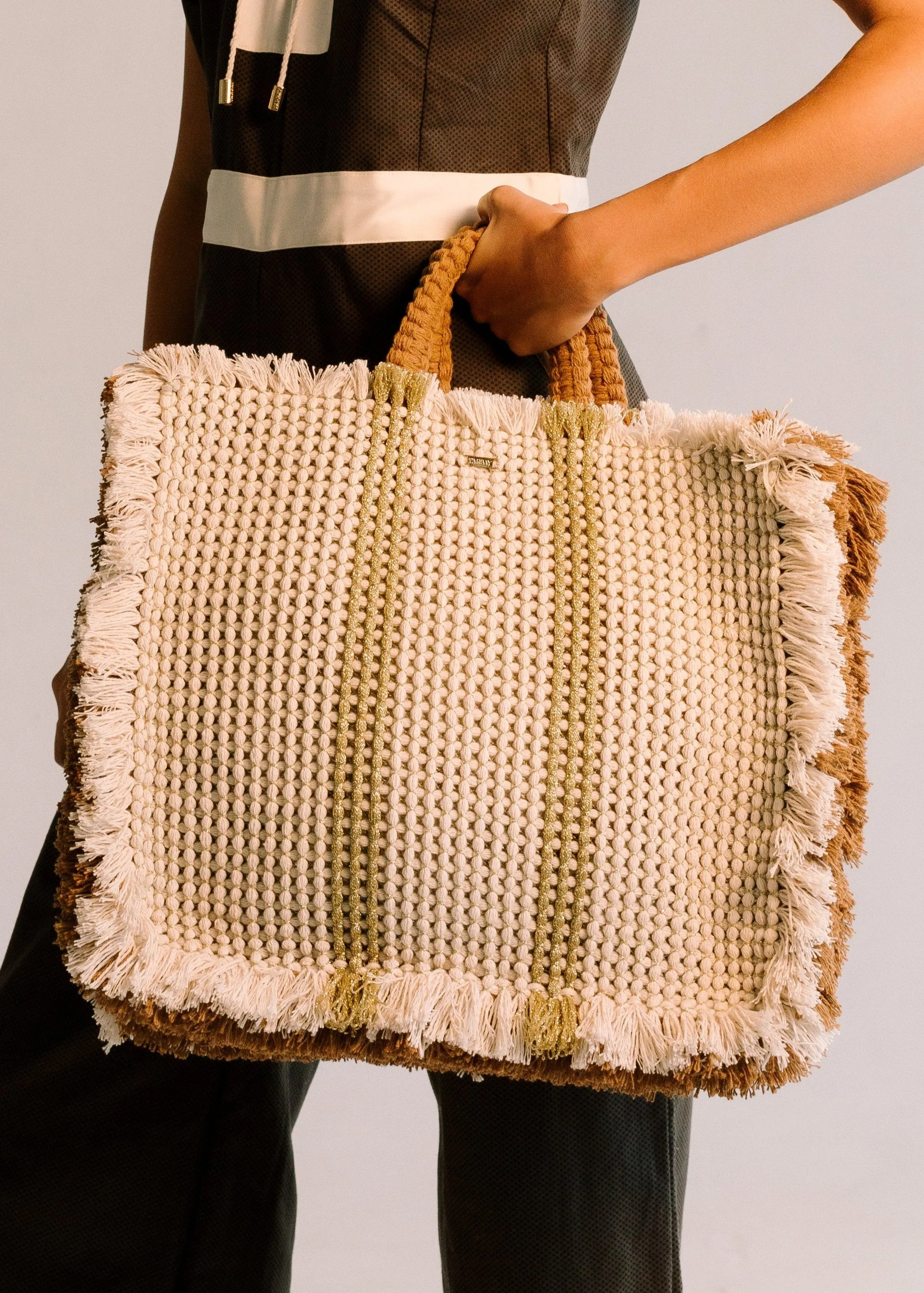 Gossypium Tote Bag Large - Buttercream, Tobacco & Gold