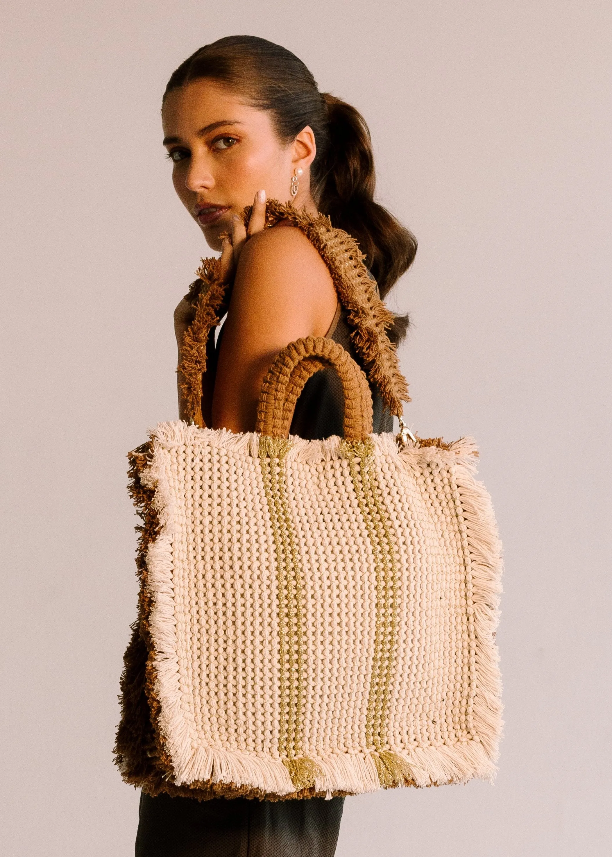 Gossypium Tote Bag Large - Buttercream, Tobacco & Gold