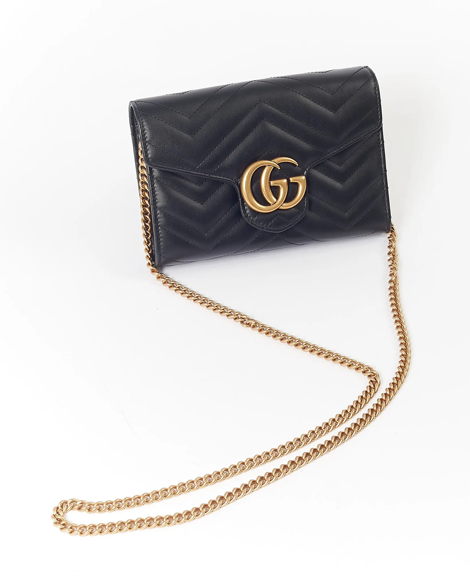 Gucci Black GG Marmont Matelasse Chevron Wallet On Chain