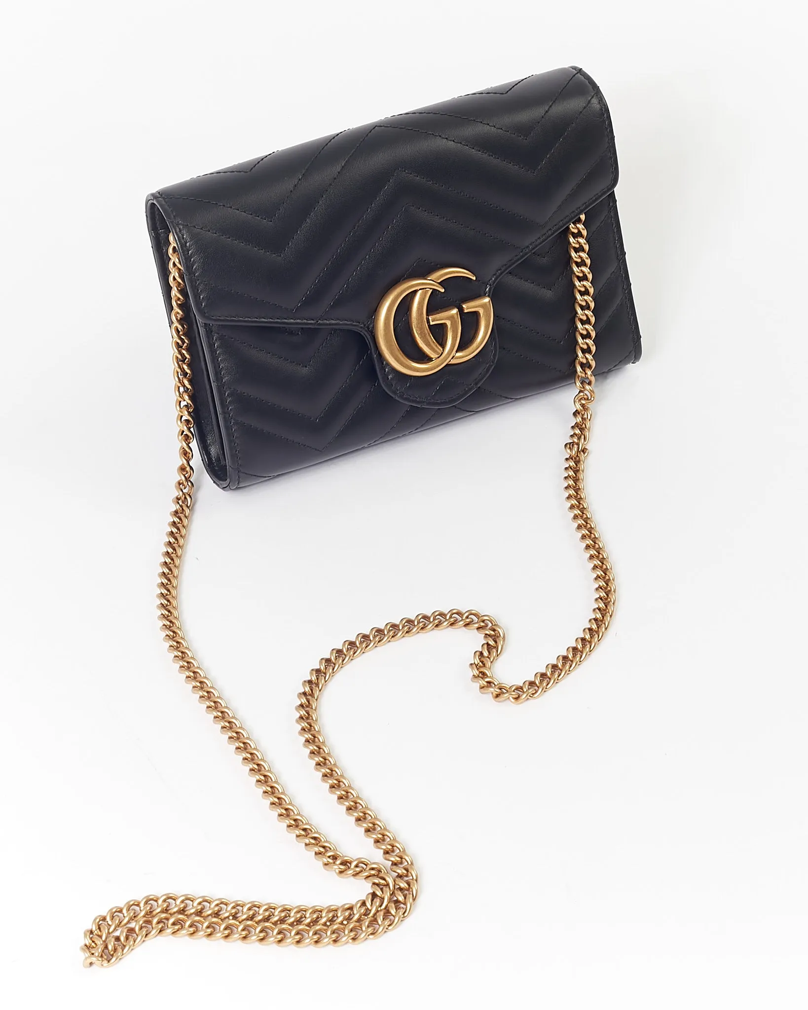 Gucci Black GG Marmont Matelasse Chevron Wallet On Chain