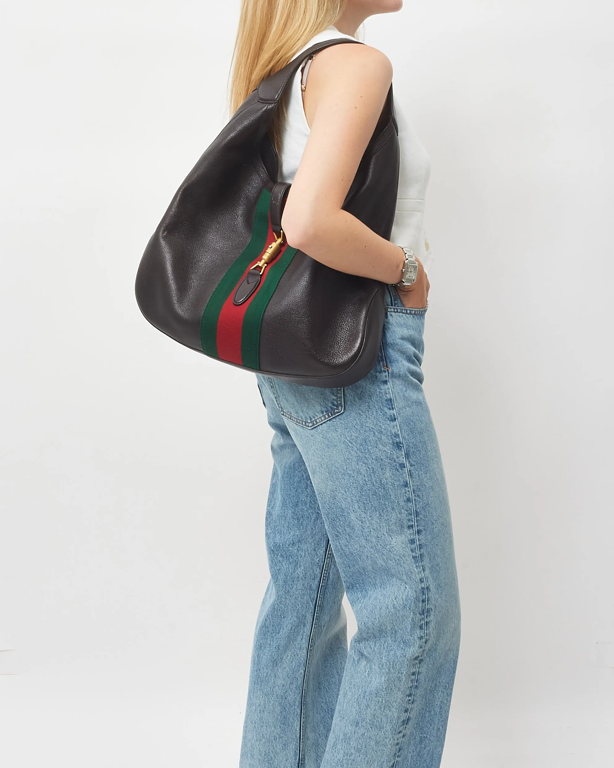 Gucci Brown Leather Web Jackie Hobo Shoulder Bag