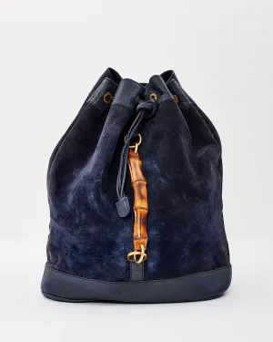 Gucci Vintage Navy Blue Suede & Leather Bamboo Handle Duffle Backpack