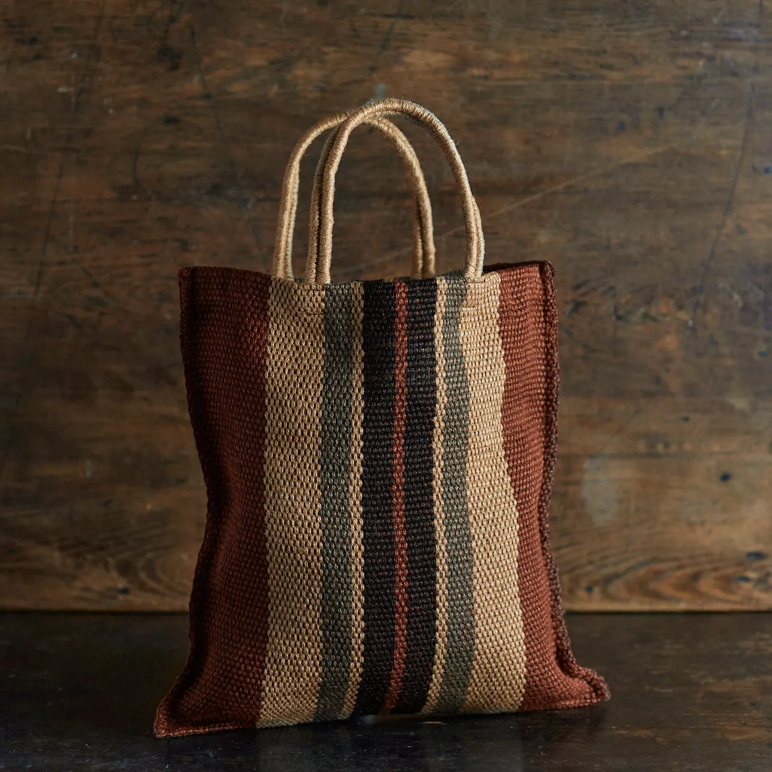 Hand Woven Jute Poresh Tote Bag - Chestnut Stripe