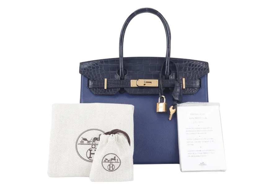 HERMES BIRKIN 30 STAMP C (YEAR 2018) TOUCH BLUE MARINE BLUE SAPPHIRE MATTE ALLIGATOR-NOVILLO LEATHER GOLD HARDWARE WITH KEYS,LOCK, RAINCOAT AND DUST COVER