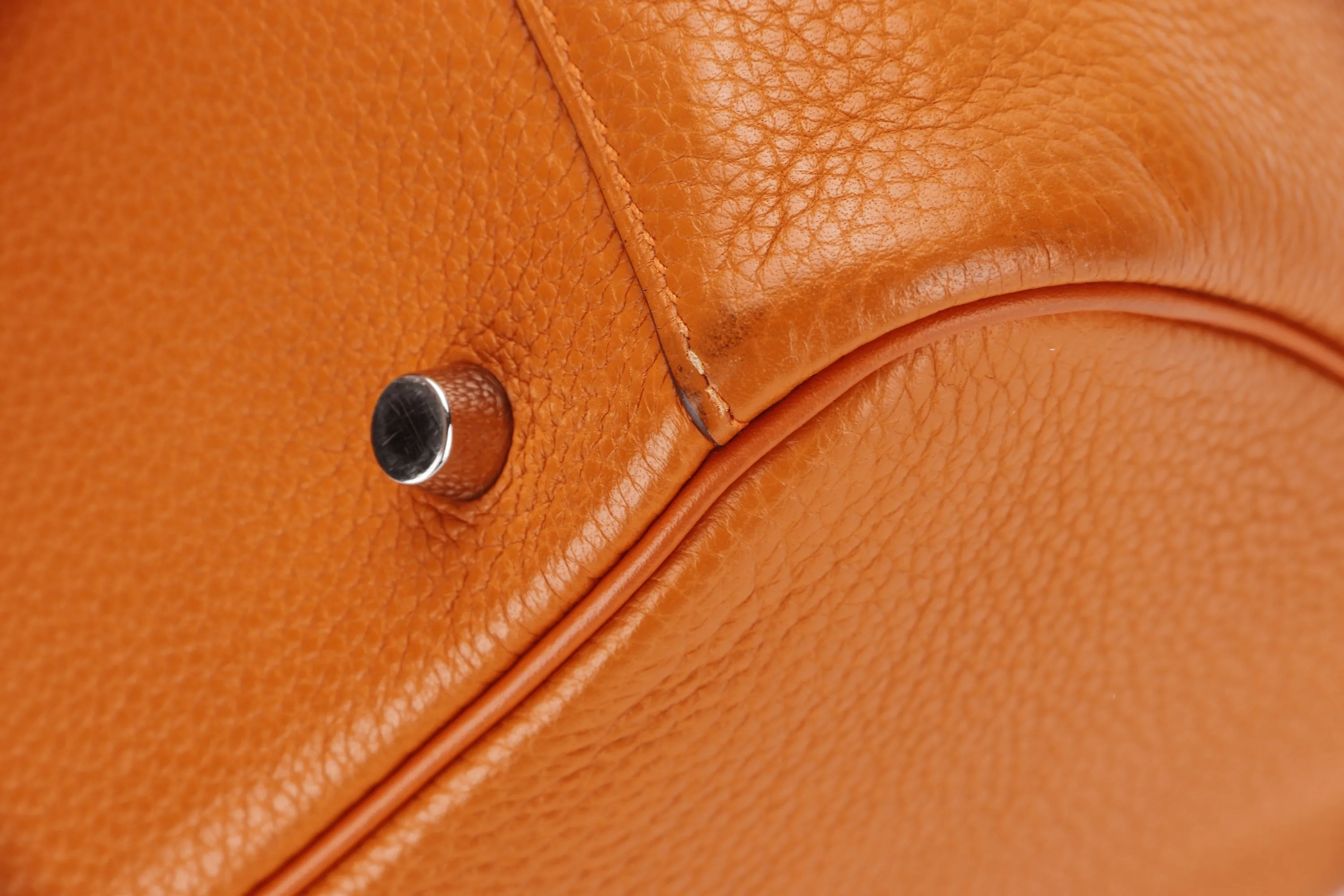 HERMES LINDY 30 (STAMP Q 2013) FEU COLOR CLEMENCE LEATHER PALLADIUM HARDWARE, WITH RAINCOAT & DUST COVER