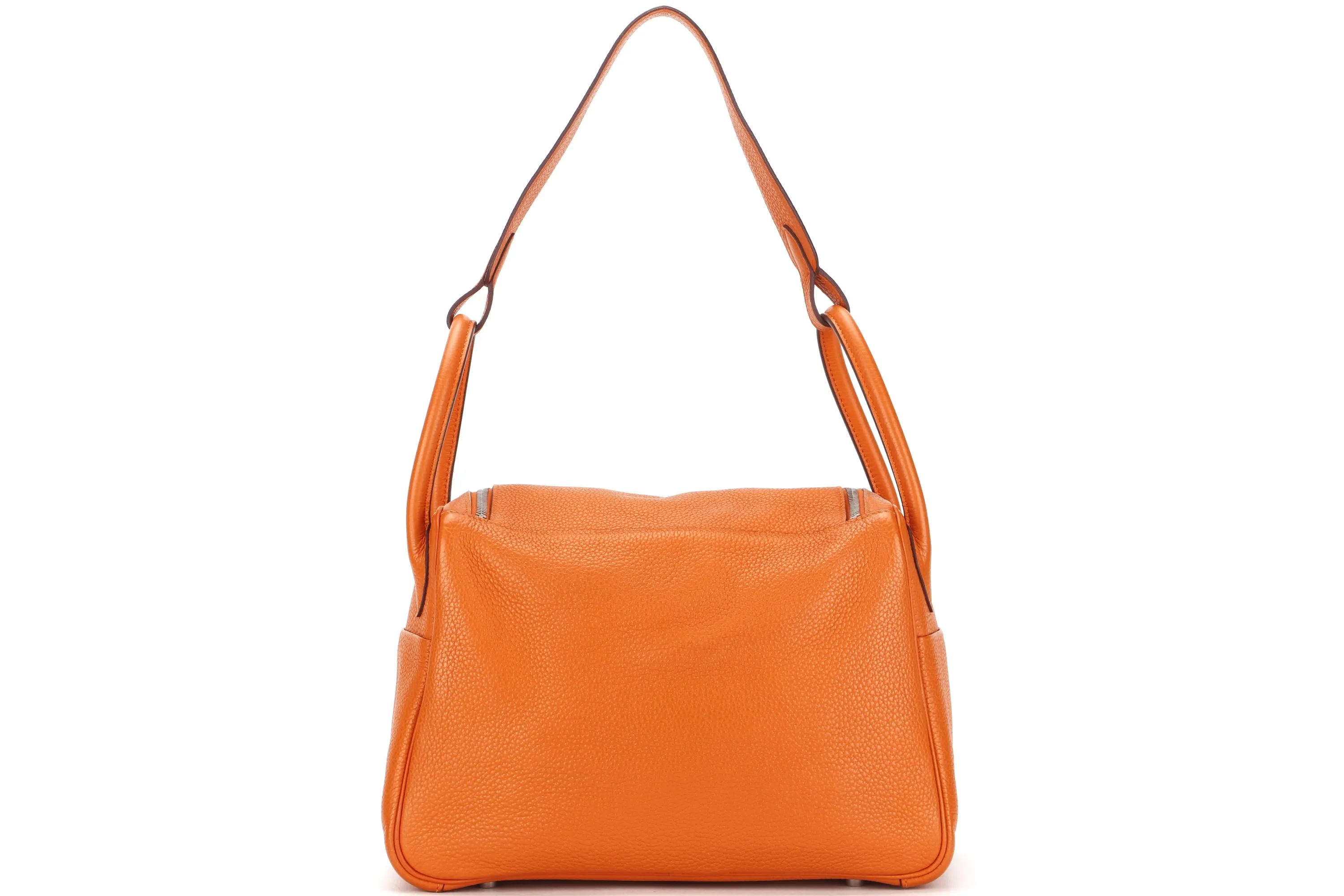 HERMES LINDY 30 (STAMP Q 2013) FEU COLOR CLEMENCE LEATHER PALLADIUM HARDWARE, WITH RAINCOAT & DUST COVER
