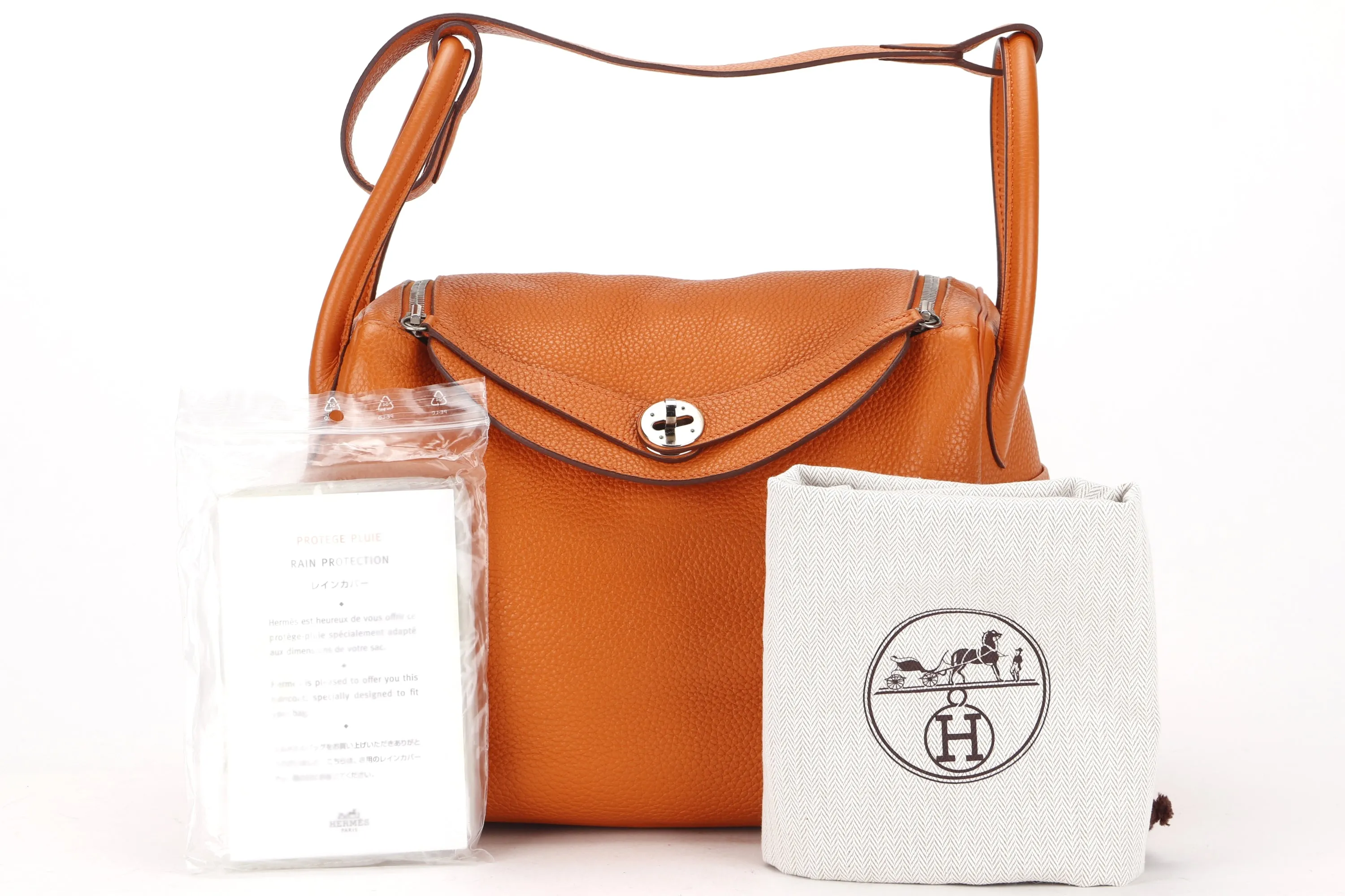 HERMES LINDY 30 (STAMP Q 2013) FEU COLOR CLEMENCE LEATHER PALLADIUM HARDWARE, WITH RAINCOAT & DUST COVER