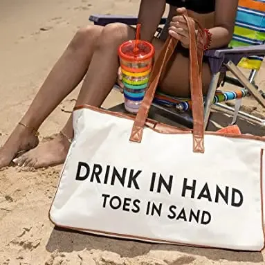 Large Cotton Tote Bag - Drink in Hand Toes in Sand