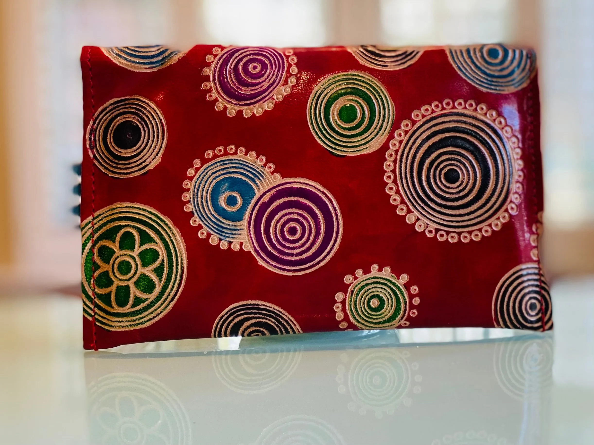 LEATHER WALLET RED WITH CIRCLE DESIGN