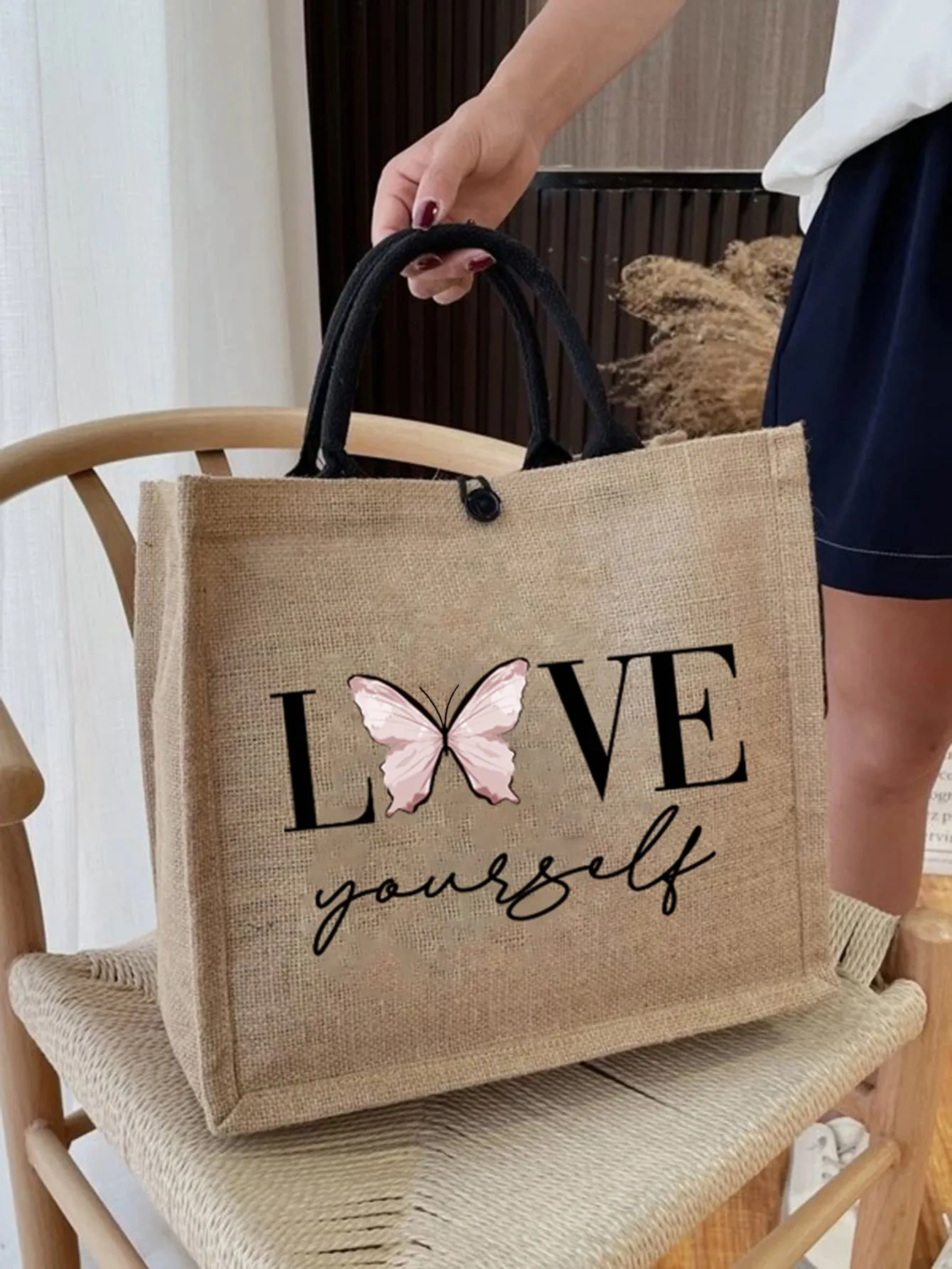 Letter & Butterfly Graphic Shopper Bag