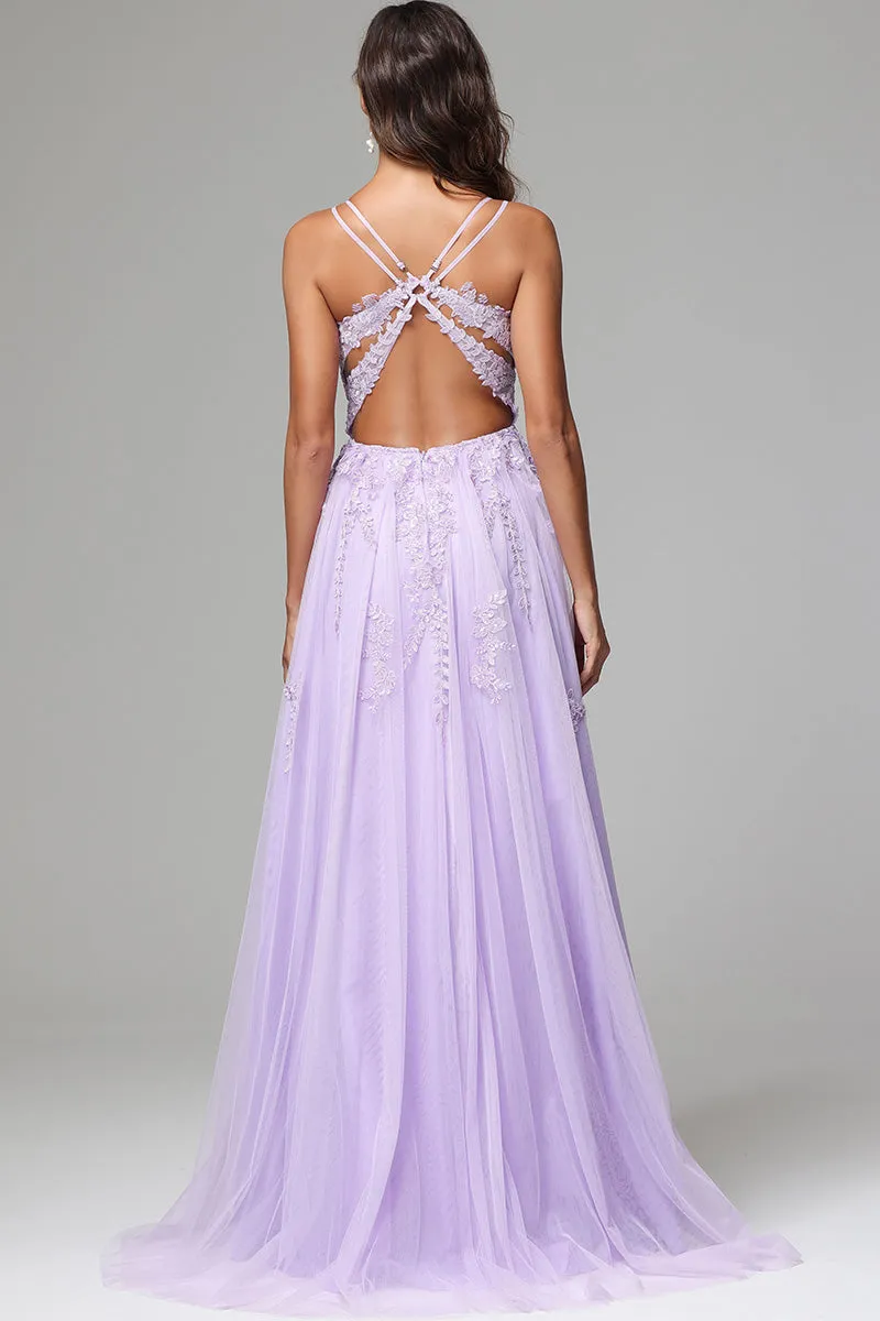 Lilac Spaghetti Straps Lace Appliques Long Prom Dress