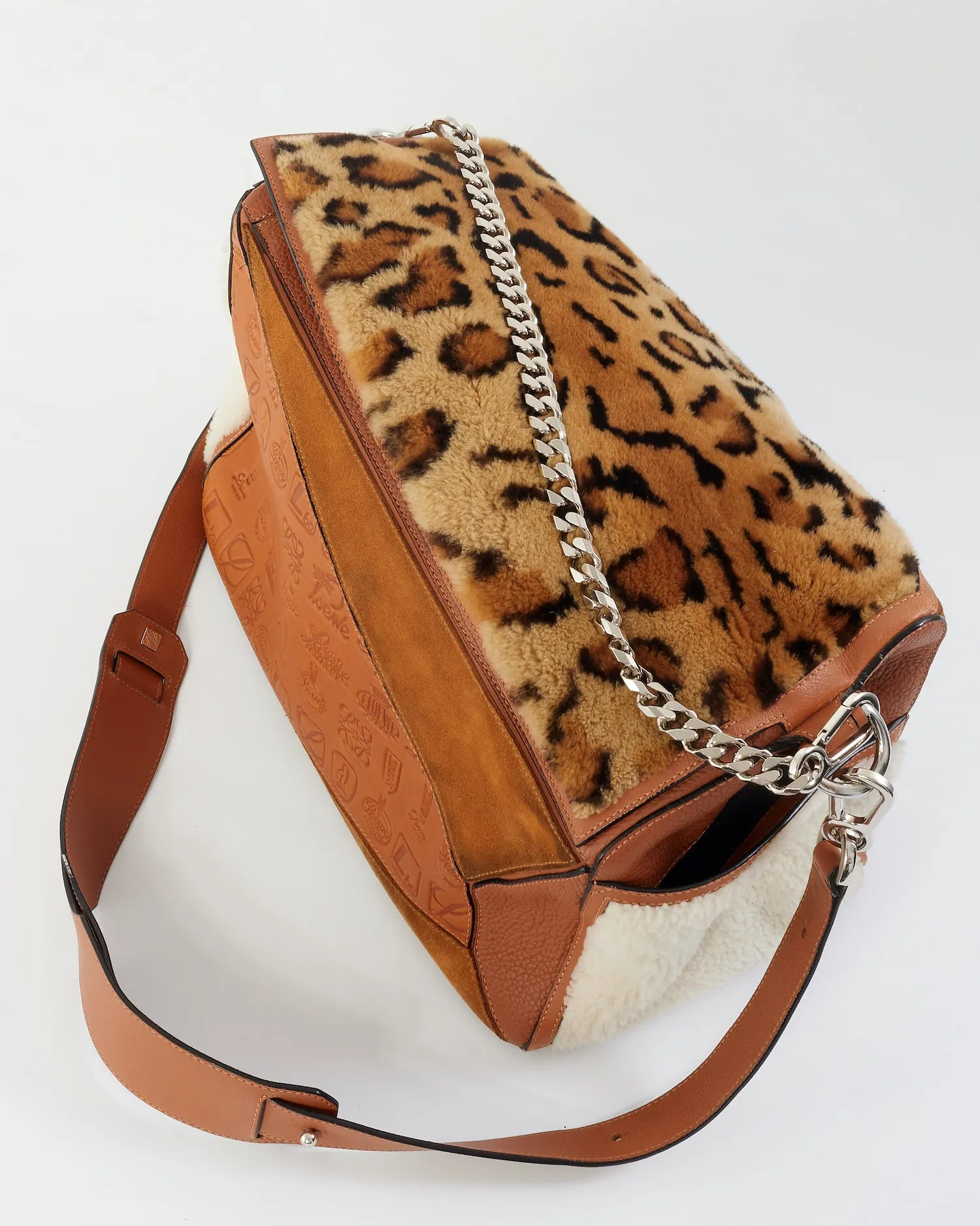 Loewe Tan Monogram Leather & Suede/Fur Chain Large Puzzle Bag