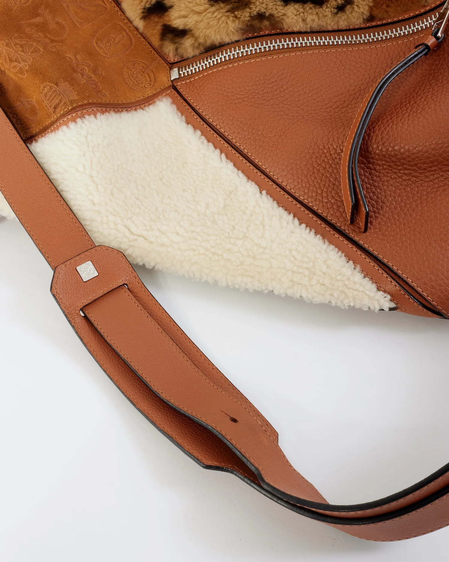 Loewe Tan Monogram Leather & Suede/Fur Chain Large Puzzle Bag