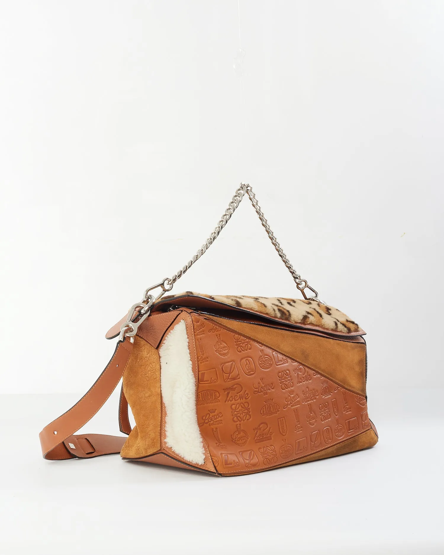 Loewe Tan Monogram Leather & Suede/Fur Chain Large Puzzle Bag