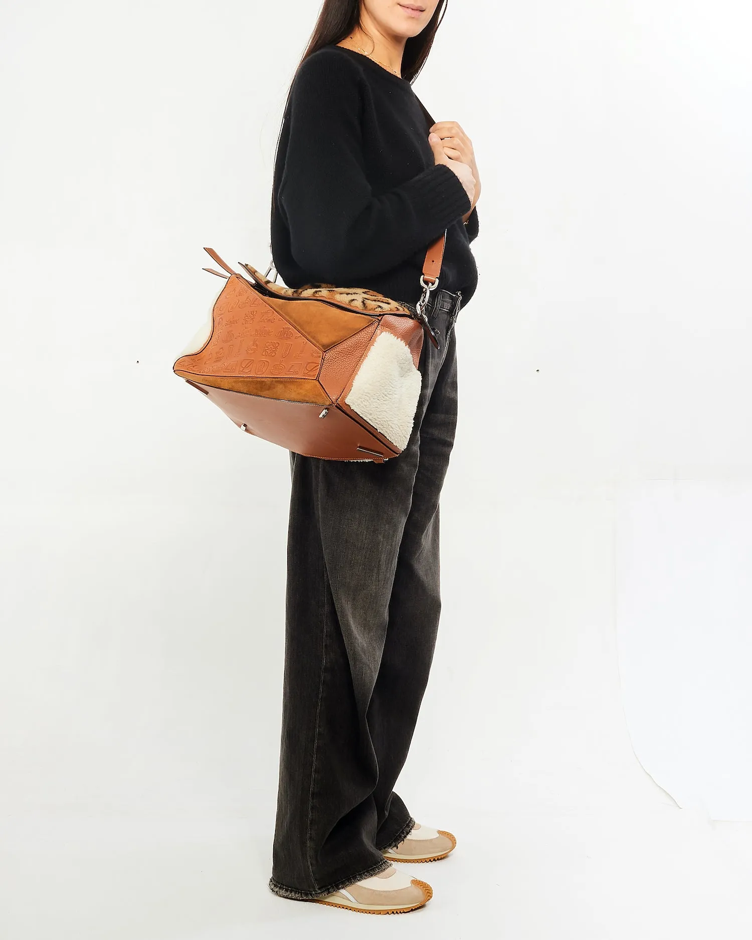 Loewe Tan Monogram Leather & Suede/Fur Chain Large Puzzle Bag