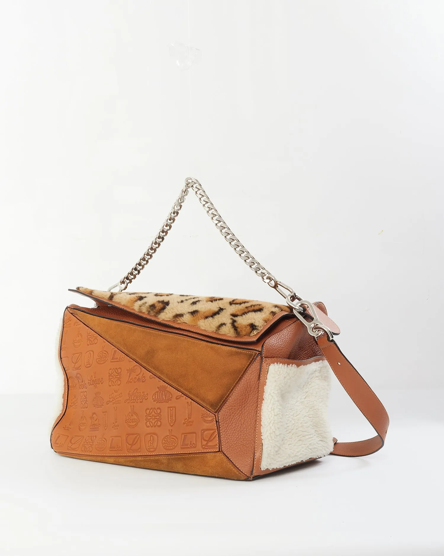 Loewe Tan Monogram Leather & Suede/Fur Chain Large Puzzle Bag