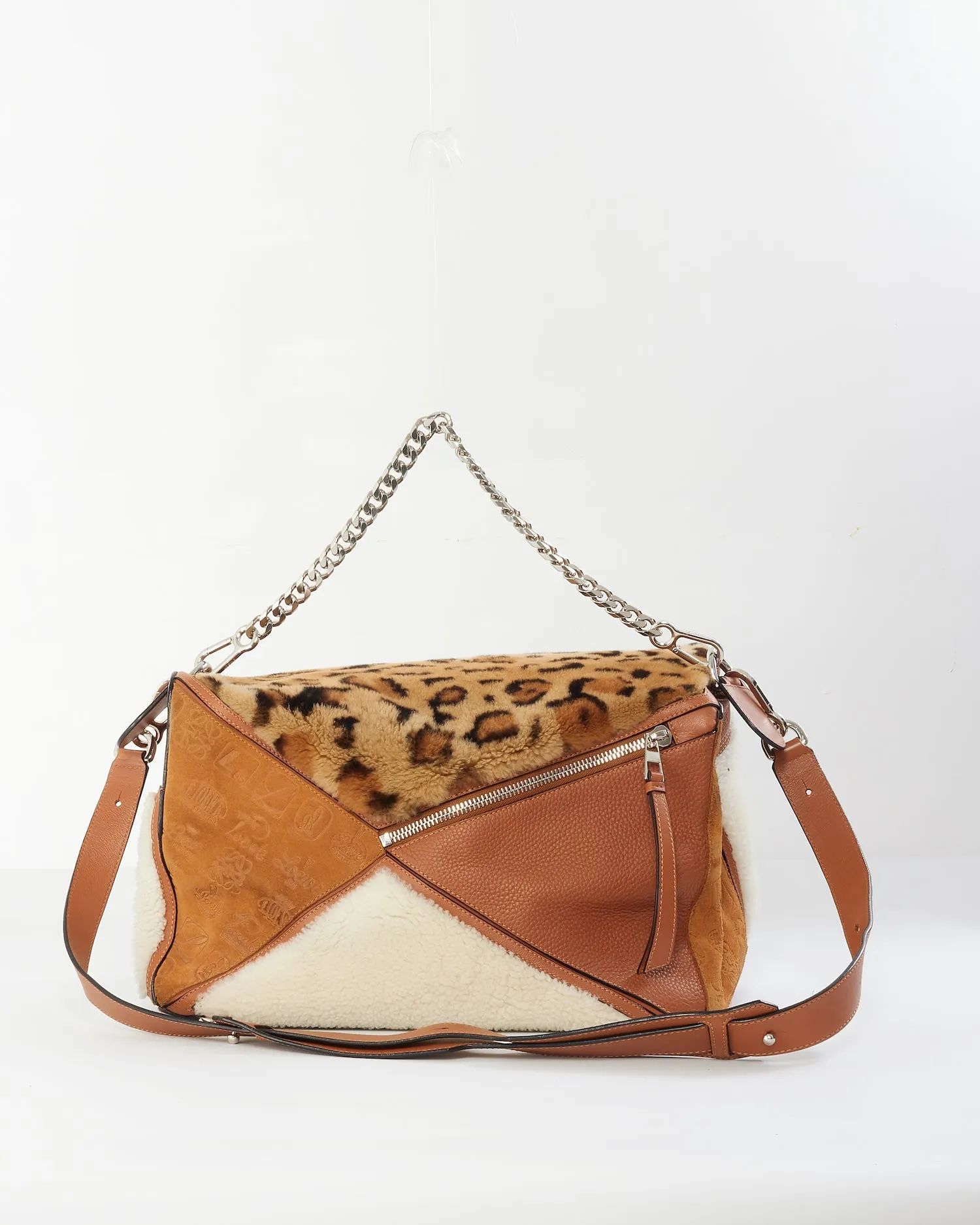 Loewe Tan Monogram Leather & Suede/Fur Chain Large Puzzle Bag