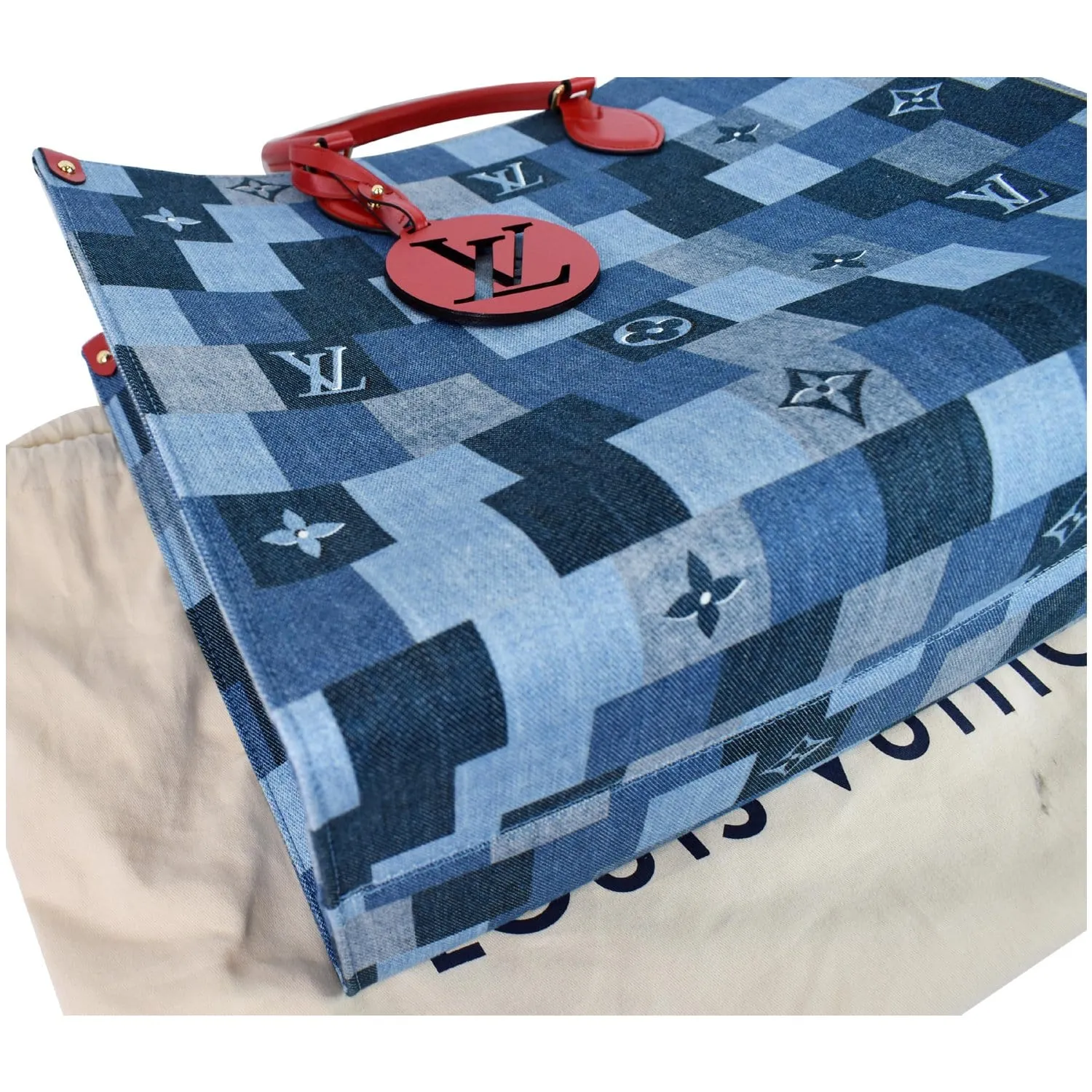 LOUIS VUITTON Onthego GM Autres Toiles Monogram Denim Shoulder Bag Blue/Red