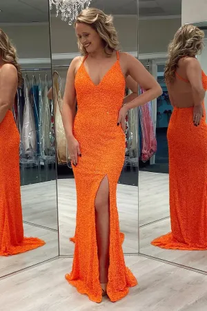 Mermaid Orange Spaghetti Straps Sequins Prom Dress with Slit