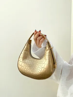 Metallic Gold Croc Embossed Hobo Bag - Gold- FD ⚡