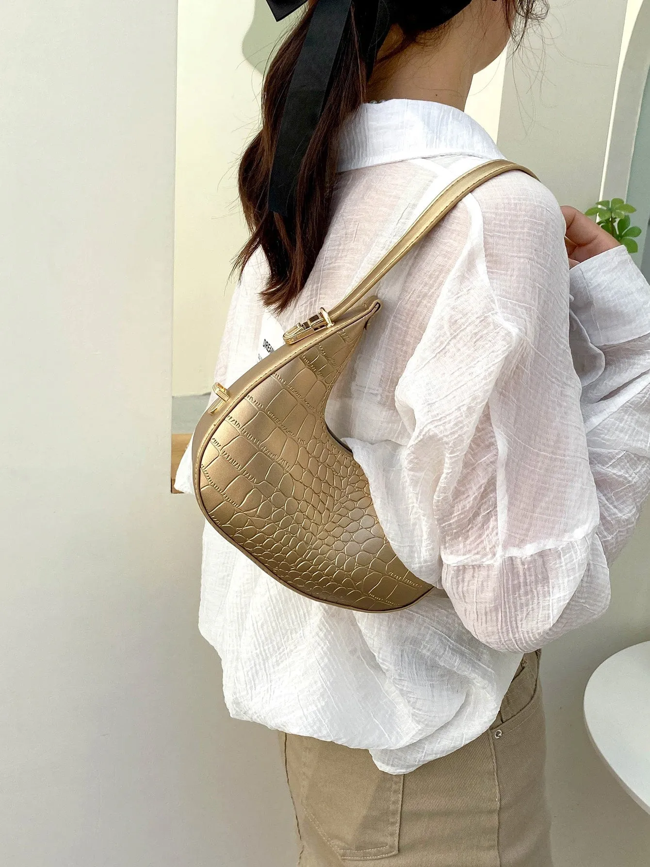 Metallic Gold Croc Embossed Hobo Bag - Gold- FD ⚡