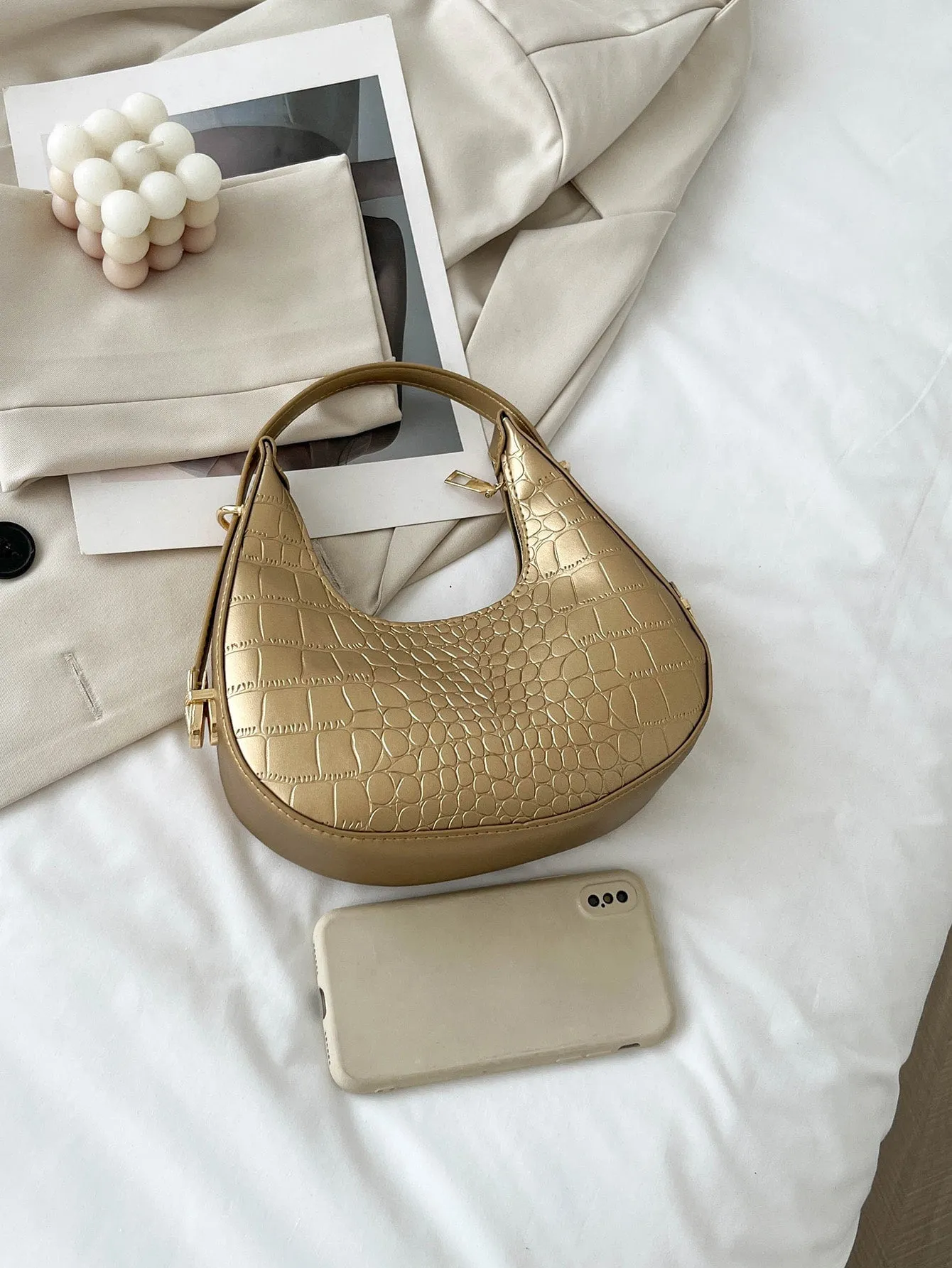 Metallic Gold Croc Embossed Hobo Bag - Gold- FD ⚡