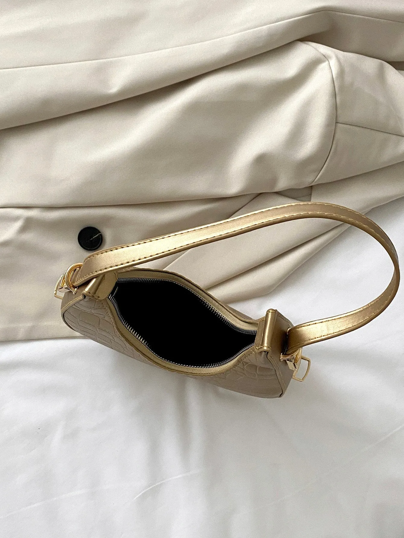 Metallic Gold Croc Embossed Hobo Bag - Gold- FD ⚡