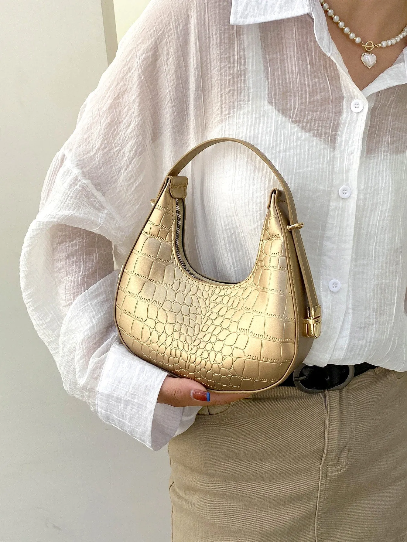 Metallic Gold Croc Embossed Hobo Bag - Gold- FD ⚡