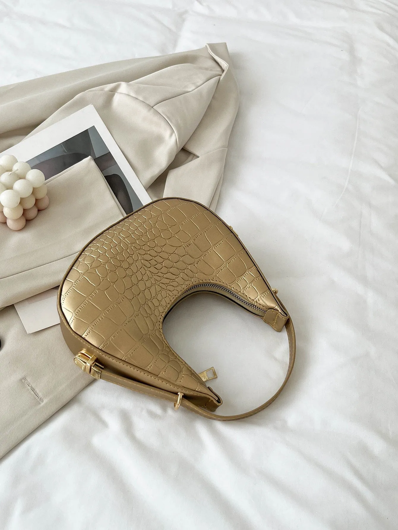Metallic Gold Croc Embossed Hobo Bag - Gold- FD ⚡