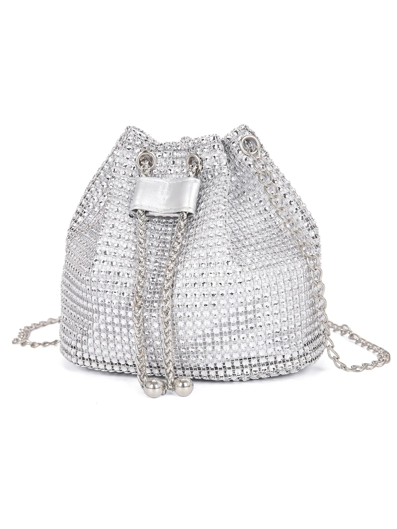 Mini Rhinestone Decor Drawstring Design Bucket Bag - Silver