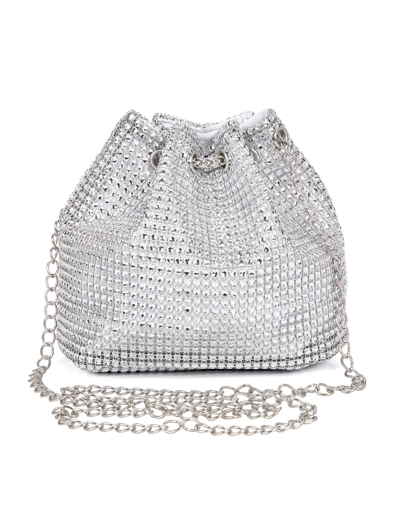 Mini Rhinestone Decor Drawstring Design Bucket Bag - Silver