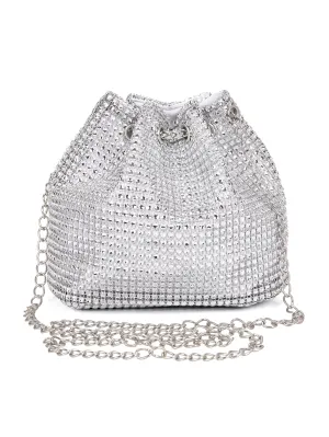 Mini Rhinestone Decor Drawstring Design Bucket Bag - Silver