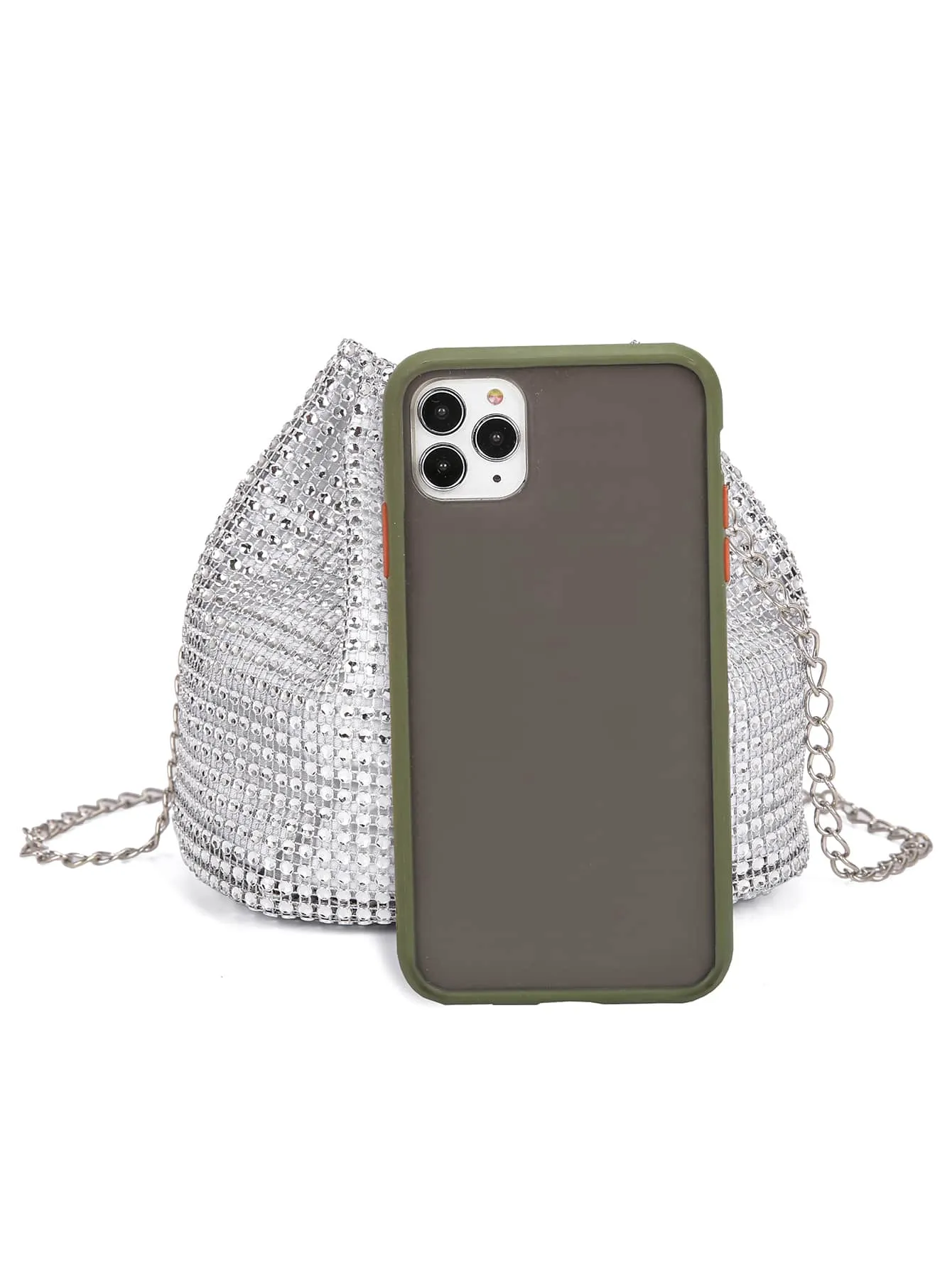 Mini Rhinestone Decor Drawstring Design Bucket Bag - Silver