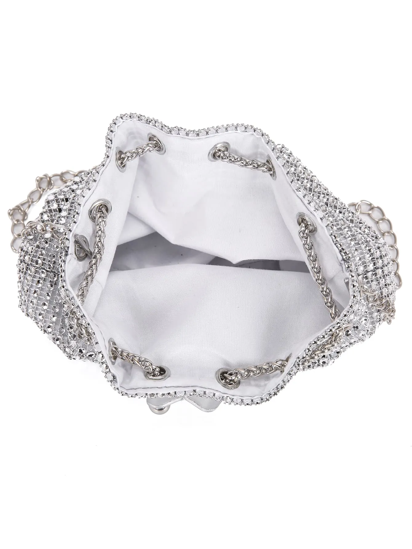 Mini Rhinestone Decor Drawstring Design Bucket Bag - Silver