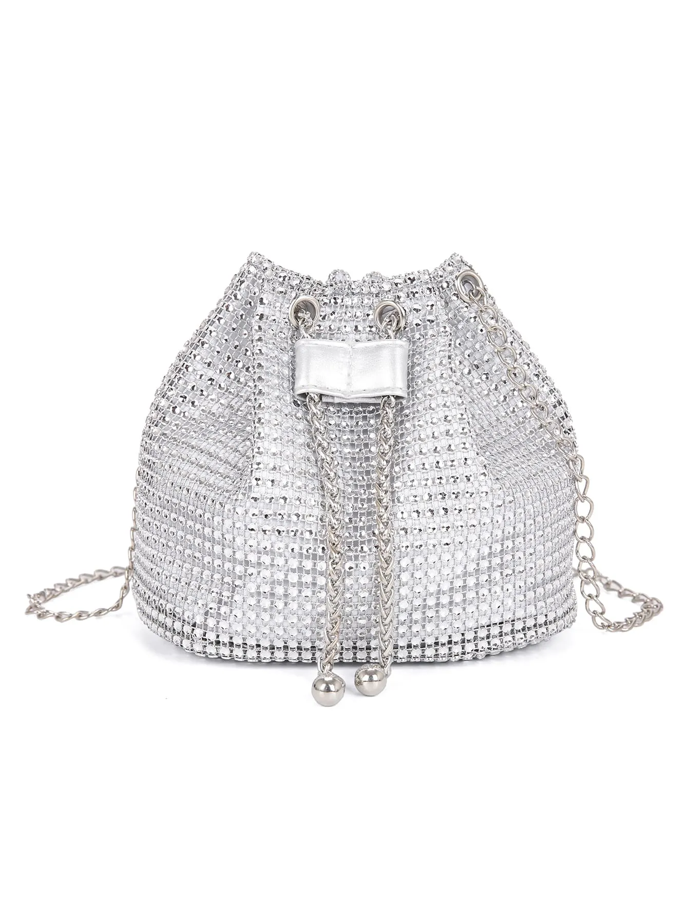 Mini Rhinestone Decor Drawstring Design Bucket Bag - Silver