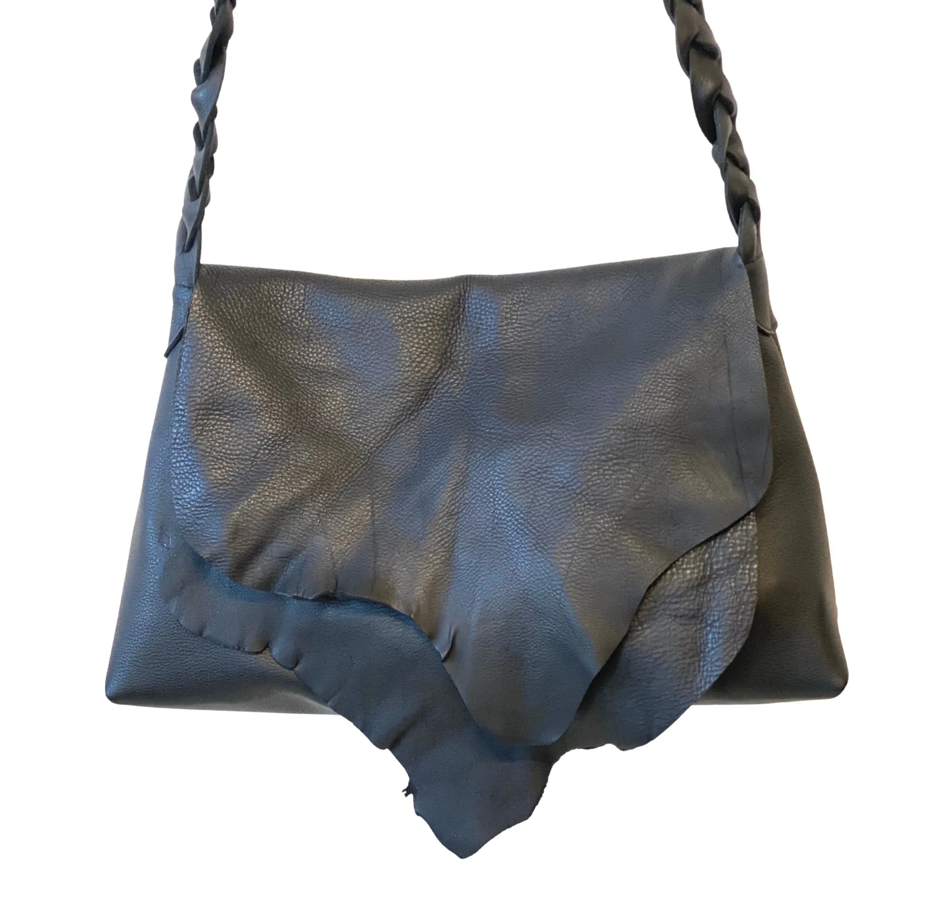 Multi layer raw edge crossbody bag in black leather