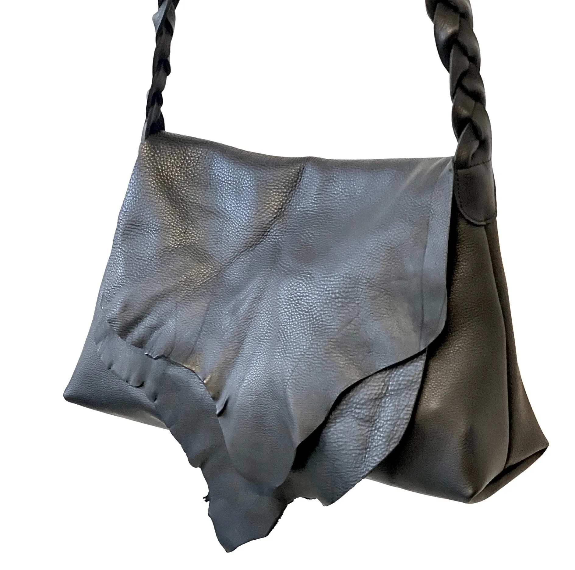 Multi layer raw edge crossbody bag in black leather