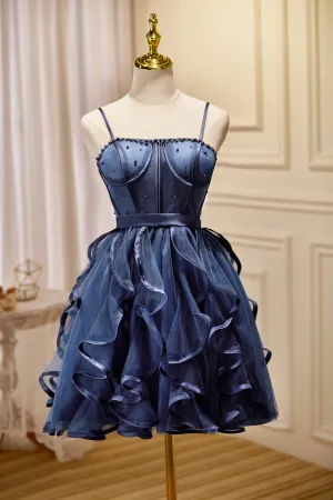 Navy Blue Spaghetti Straps Ball Gown Tulle Short/Mini Homecoming Dresses