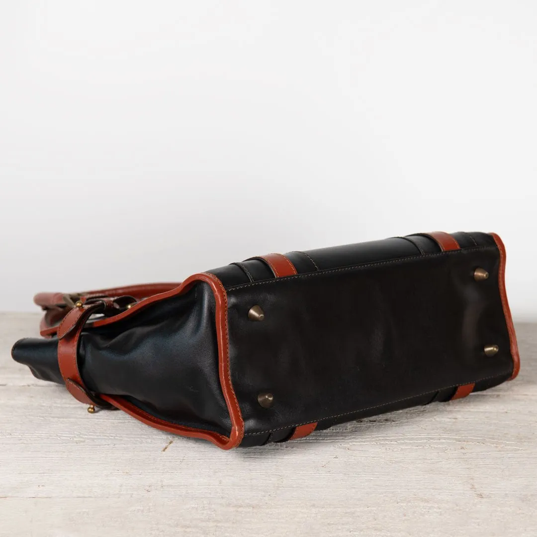 Paddock -  Custom Equestrian Halter Bracket Tote Bag in Italian Leather two tone Cognac and Black