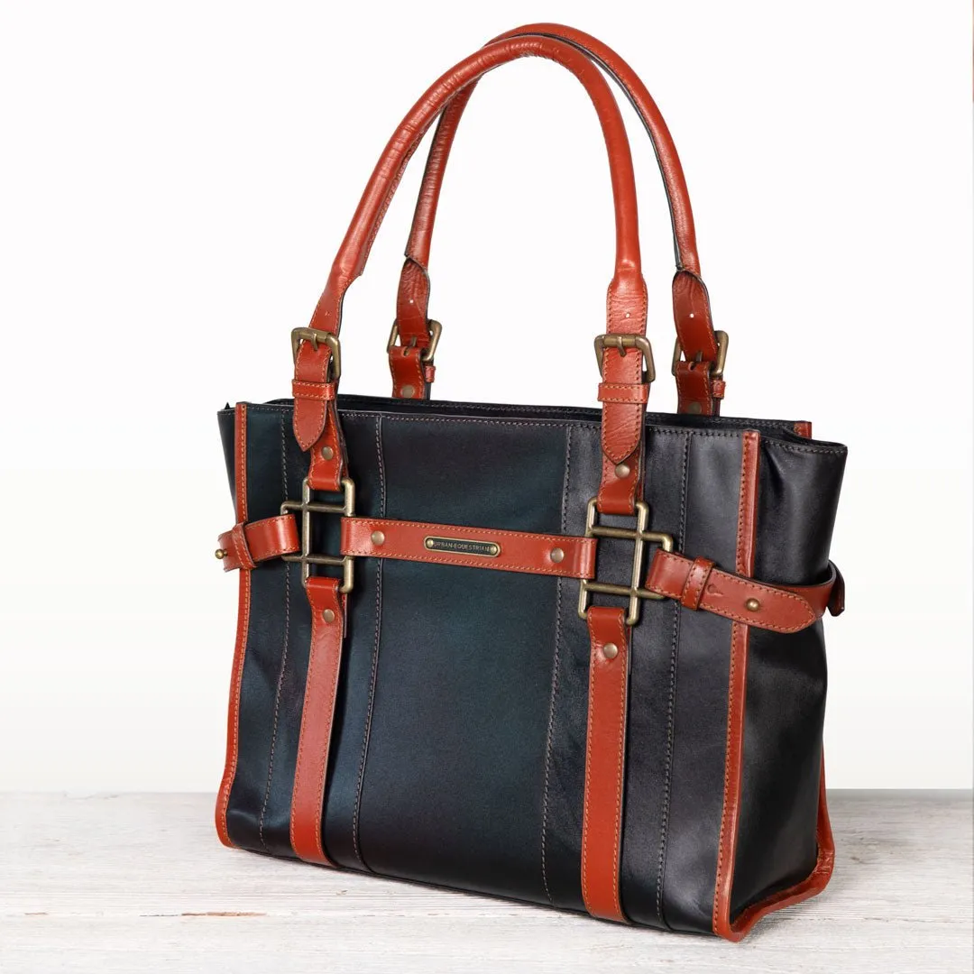 Paddock -  Custom Equestrian Halter Bracket Tote Bag in Italian Leather two tone Cognac and Black