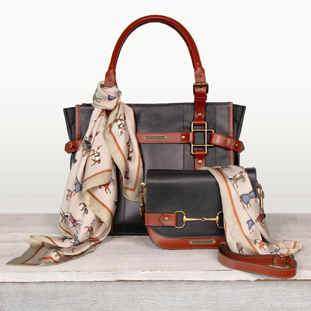Paddock -  Custom Equestrian Halter Bracket Tote Bag in Italian Leather two tone Cognac and Black