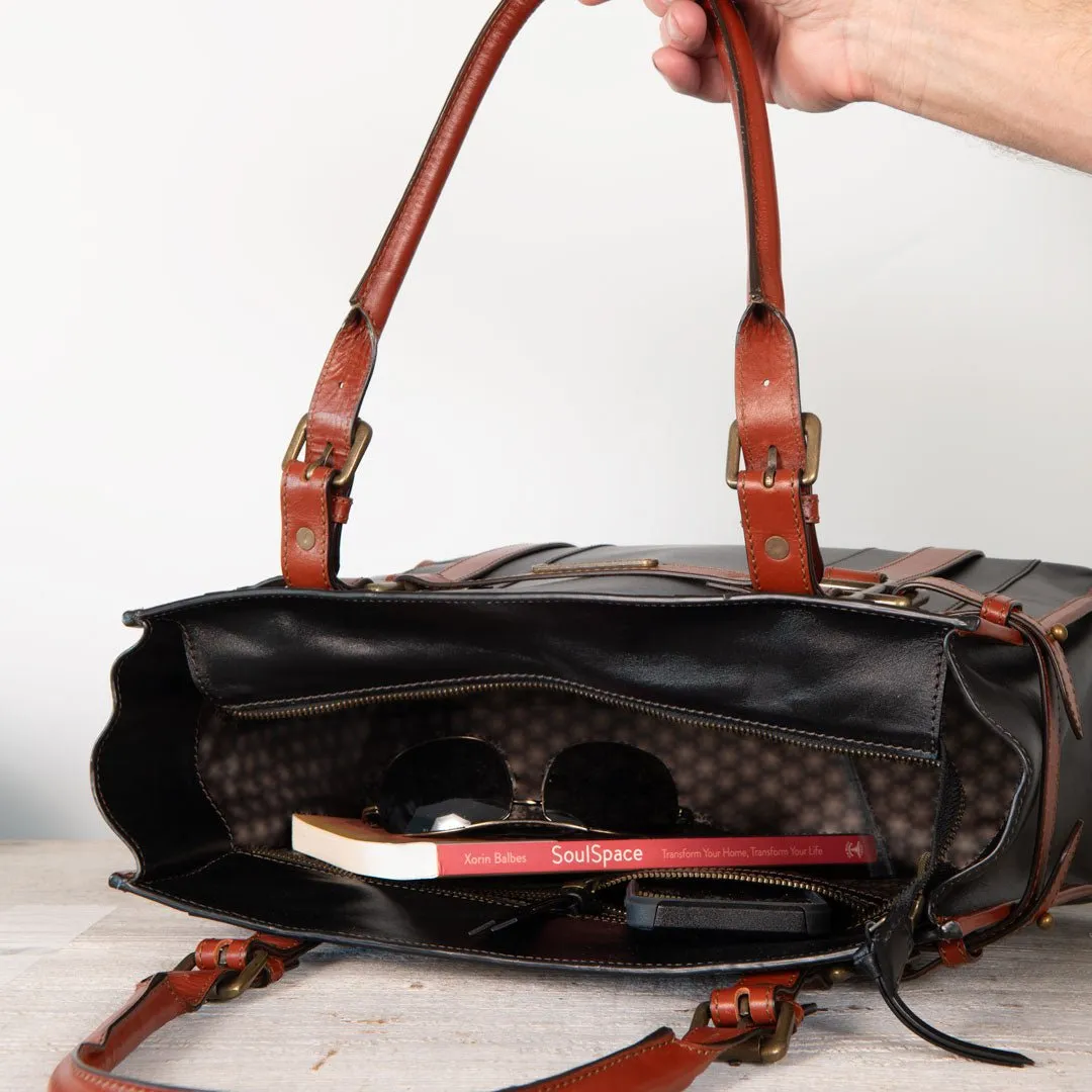 Paddock -  Custom Equestrian Halter Bracket Tote Bag in Italian Leather two tone Cognac and Black