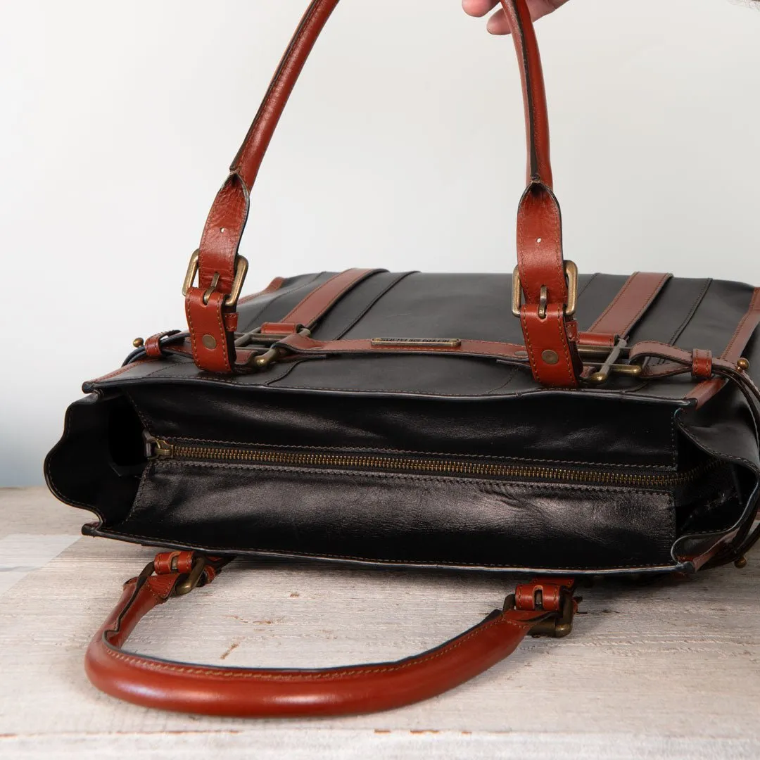 Paddock -  Custom Equestrian Halter Bracket Tote Bag in Italian Leather two tone Cognac and Black