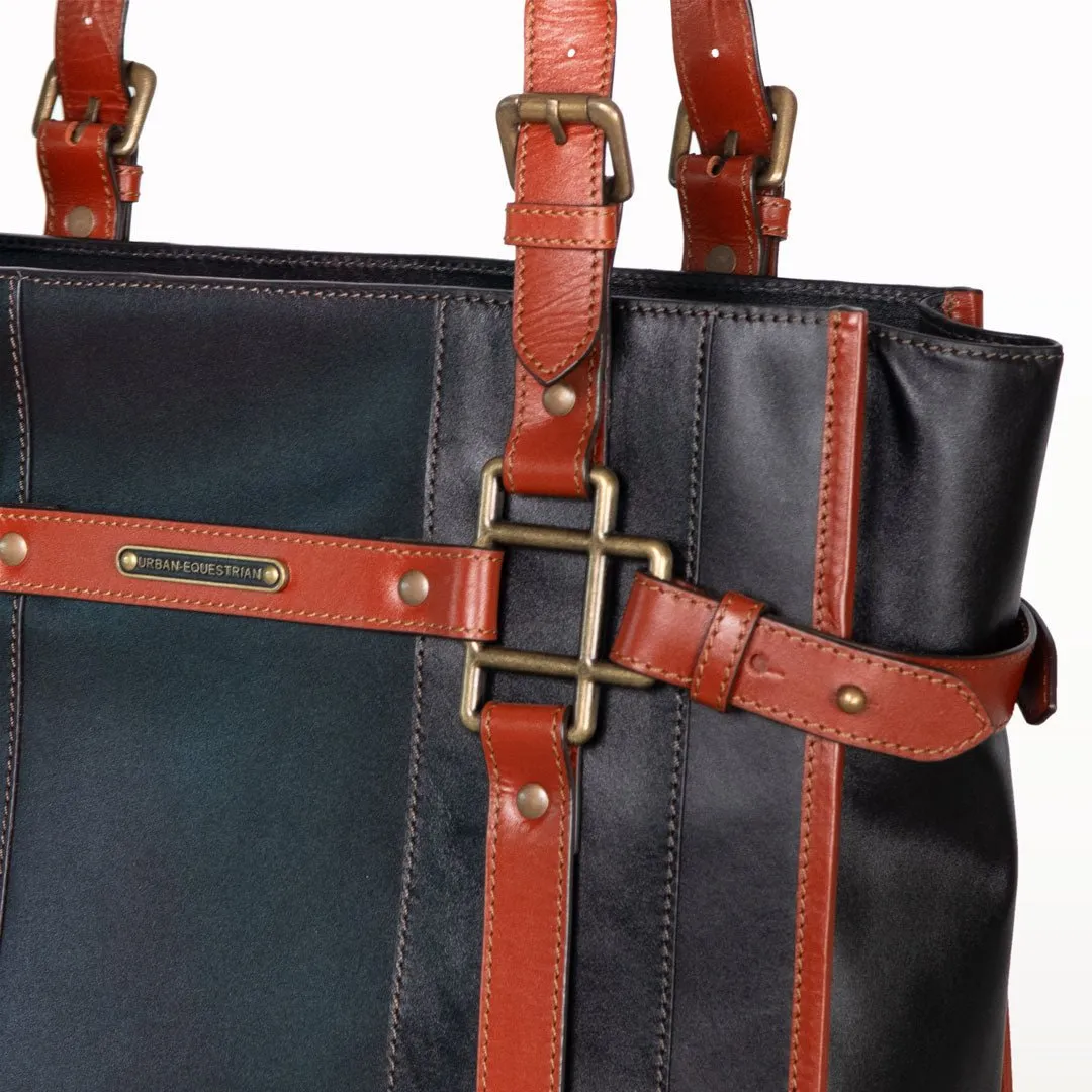 Paddock -  Custom Equestrian Halter Bracket Tote Bag in Italian Leather two tone Cognac and Black