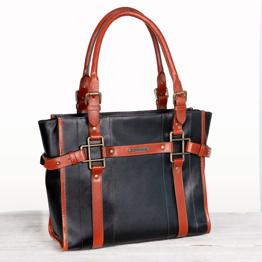 Paddock -  Custom Equestrian Halter Bracket Tote Bag in Italian Leather two tone Cognac and Black