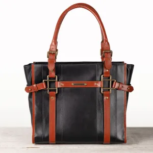 Paddock -  Custom Equestrian Halter Bracket Tote Bag in Italian Leather two tone Cognac and Black