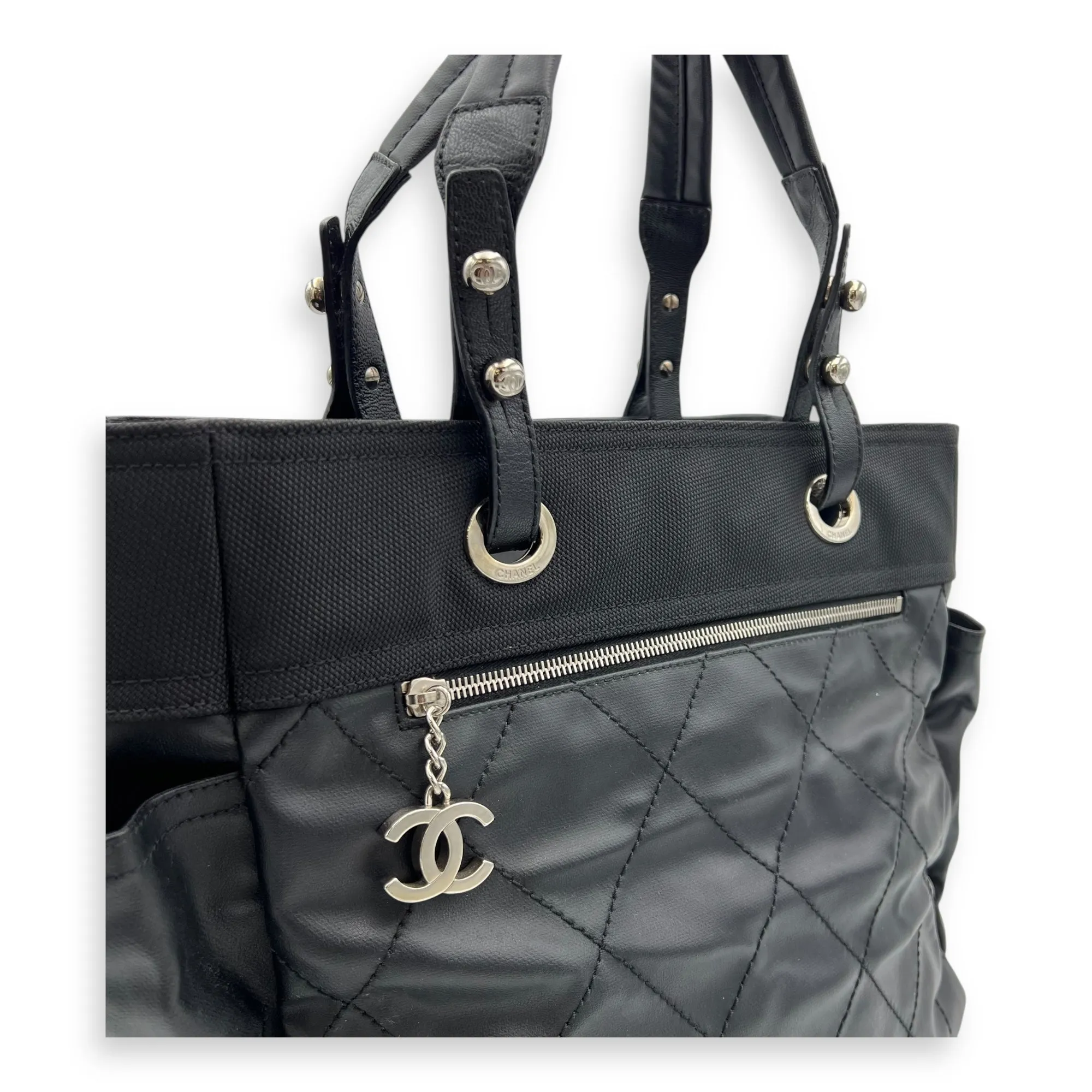Paris Biarritz Large Black Tote Bag in Coated Canvas, Silver hardware